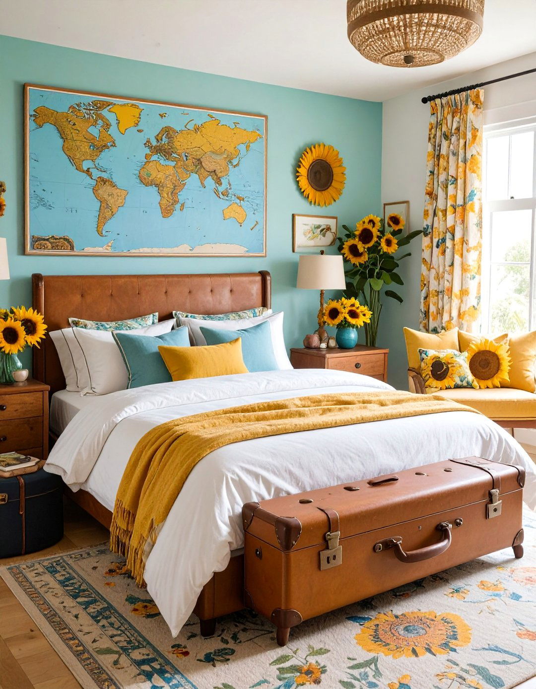 Sunflower Bedroom with Vintage Travel Theme - 25 Sunflower Bedroom Ideas