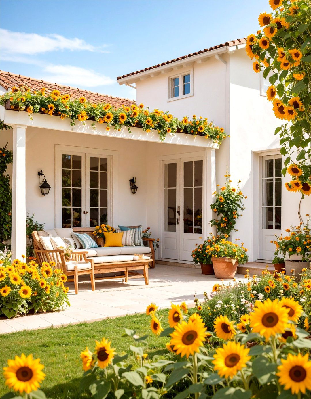 Sunflower Field Meadow Design - 25 Painted Concrete Patio Ideas
