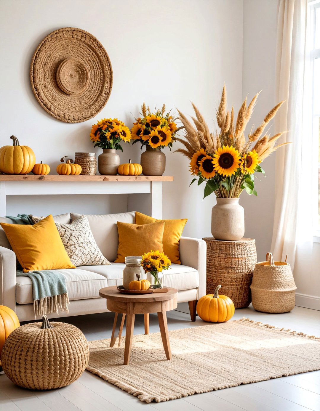 Sunflower and Wheat Fall Mantel - 25 Fall Mantel Decor Ideas