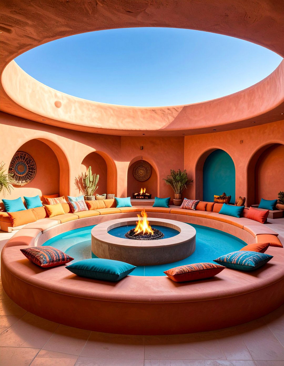 Sunken Conversation Pit with Circular Adobe Fireplace - 25 Spanish Style Fireplace Ideas