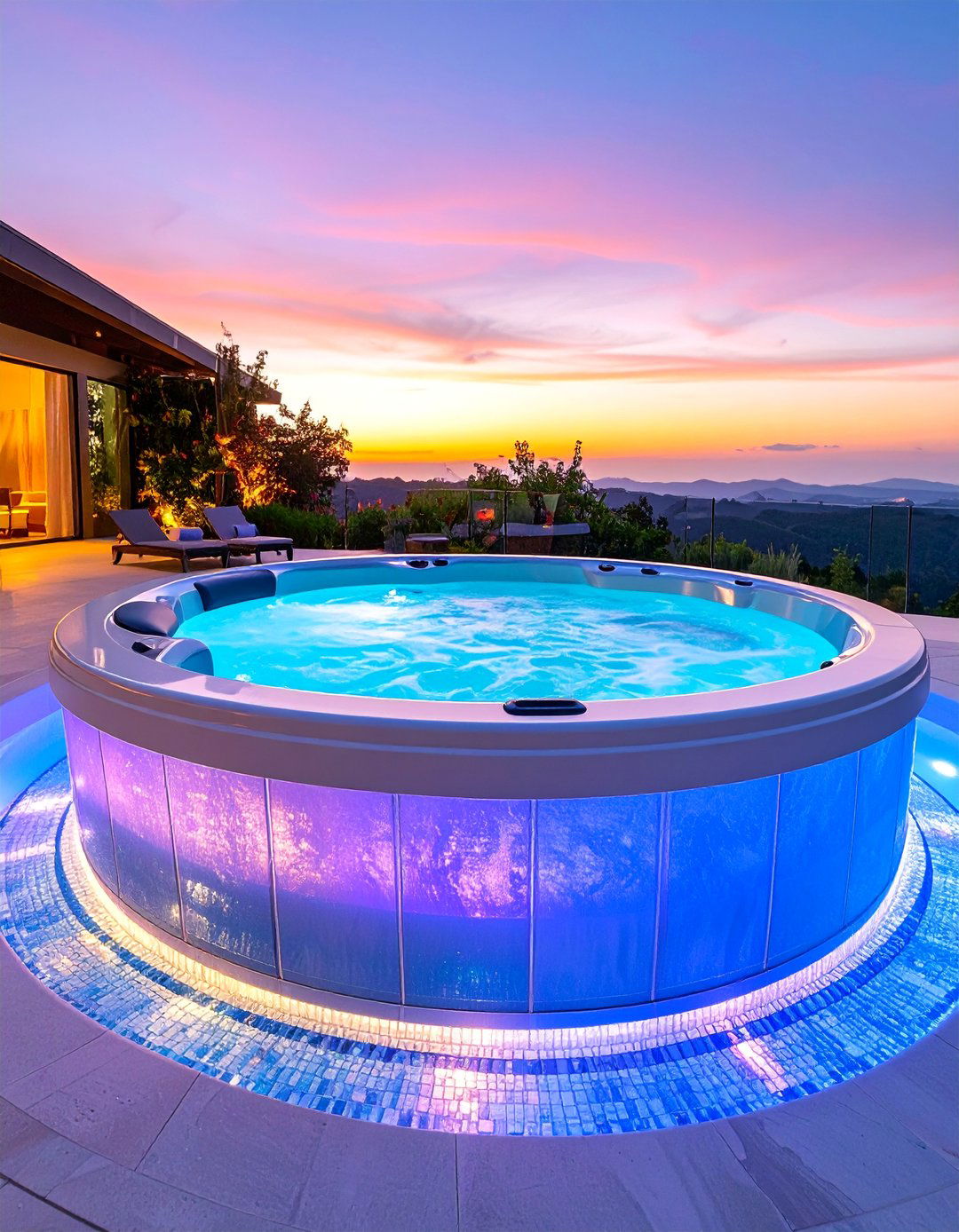 Sunken Hot Tub with Glass Tile and Color Changing Lighting - 25 Sunken Hot Tub Ideas