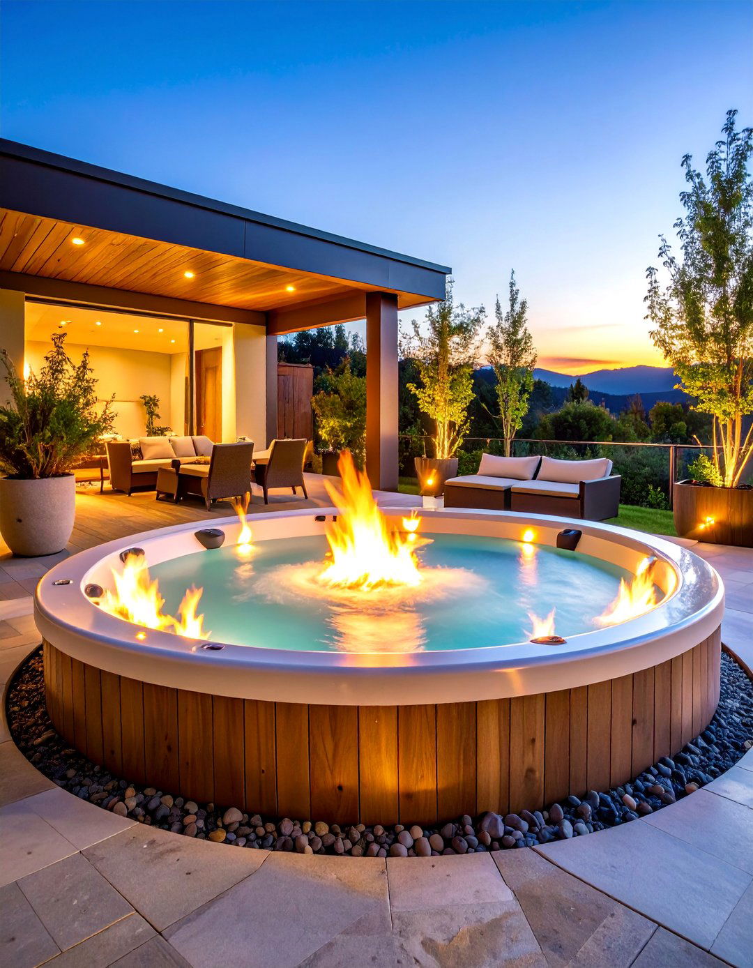 Sunken Hot Tub with Integrated Fire Features and Seating - 25 Sunken Hot Tub Ideas
