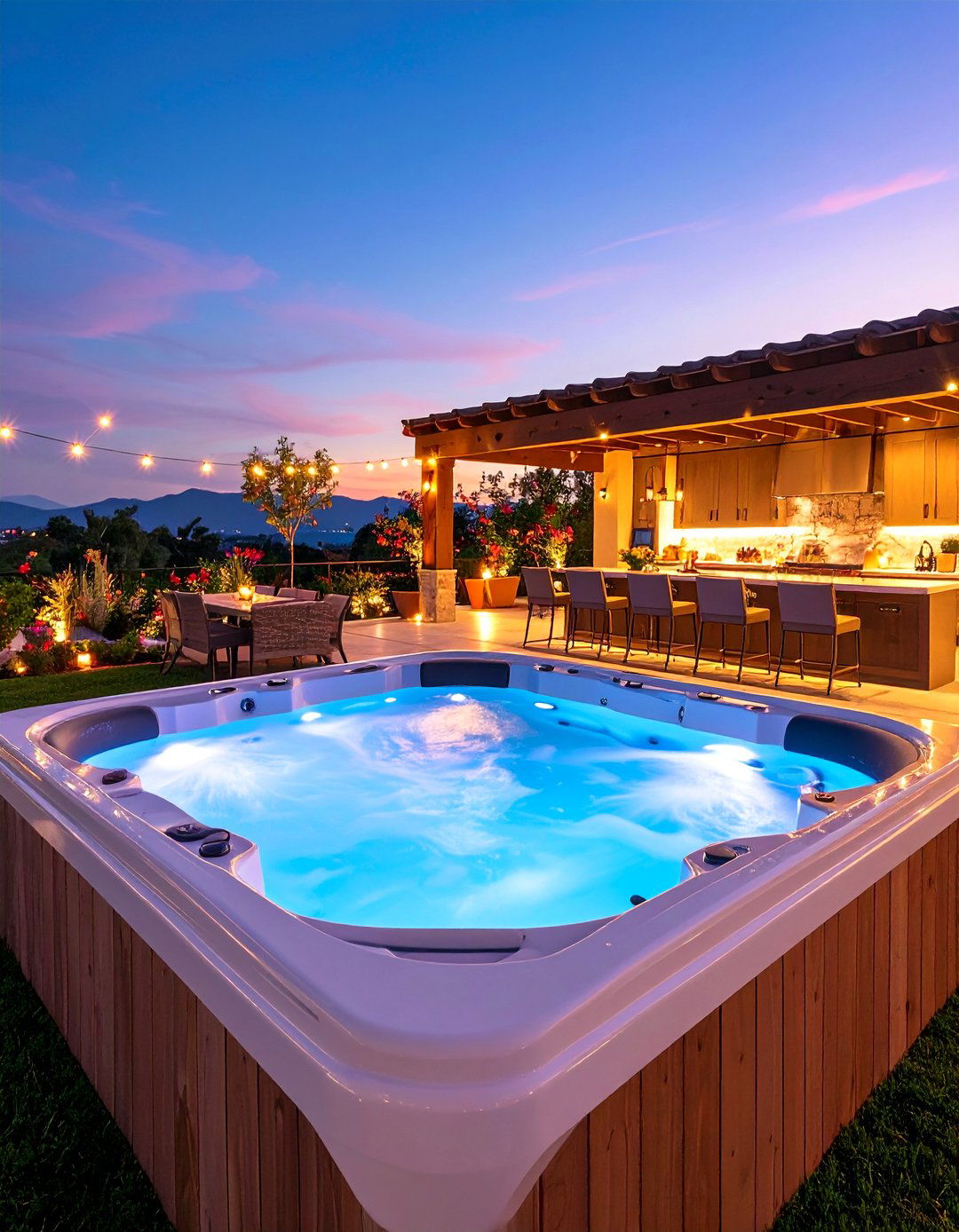 Sunken Hot Tub with Integrated Outdoor Kitchen and Bar Area - 25 Sunken Hot Tub Ideas