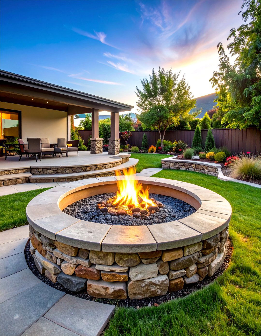 Sunken Stone Fire Pit with Terraced Seating - 25 Rustic Fire Pit Ideas