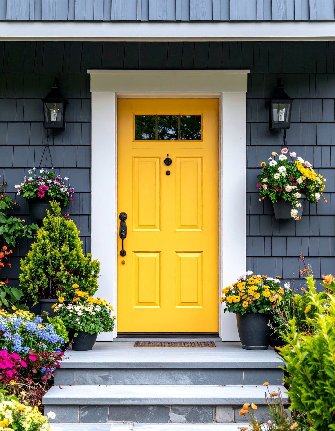 Sunny Golden Yellow with Dark Gray Siding - 25 Front Door Color Ideas