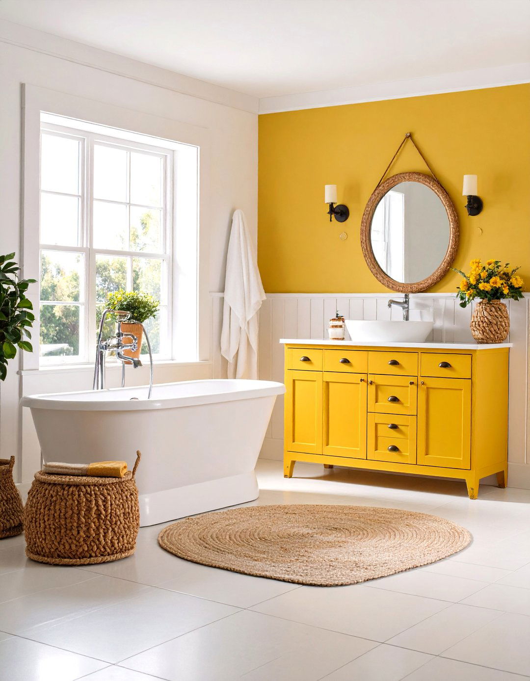 Sunny Yellow Bathroom with White Wainscoting - 25 Bathroom Color Ideas