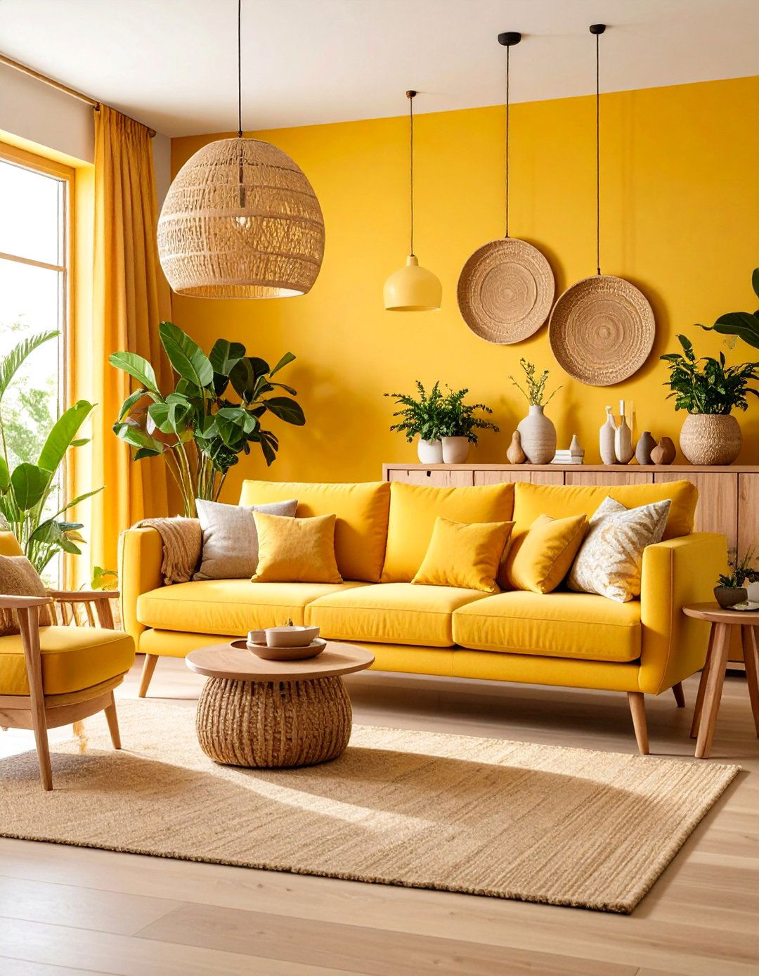 Sunny Yellow Feature Wall with Natural Wood Accents - 25 Yellow Living Room Ideas