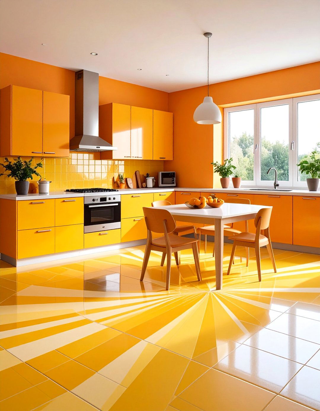 Sunny Yellow Geometric Sunburst with Orange Accents - 25 Linoleum Kitchen Flooring Ideas