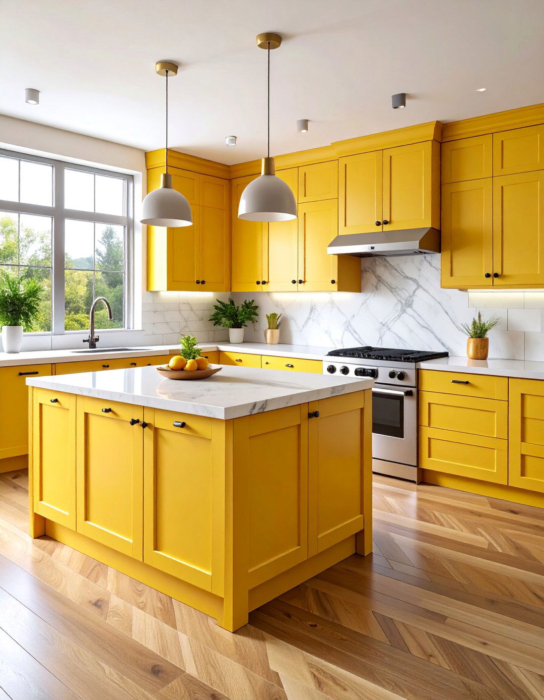 Sunny Yellow Kitchen with White Marble Countertops - 25 Colorful Kitchen Ideas