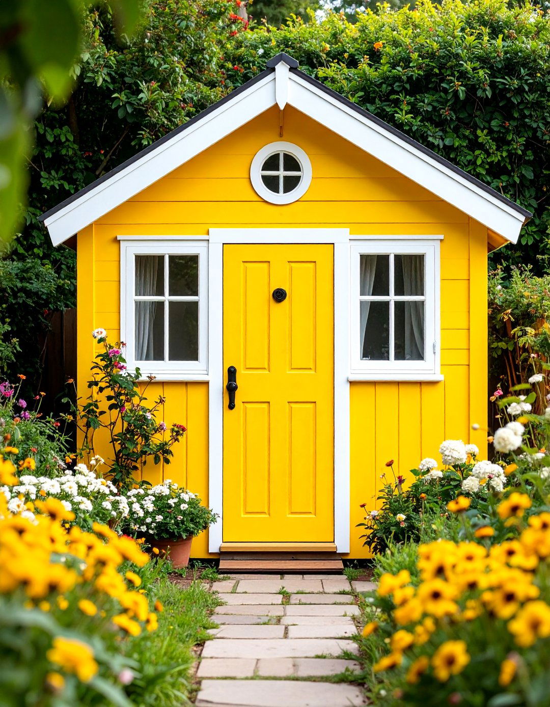 Sunny Yellow Shed with Bright White Trim - 25 Shed Color Ideas
