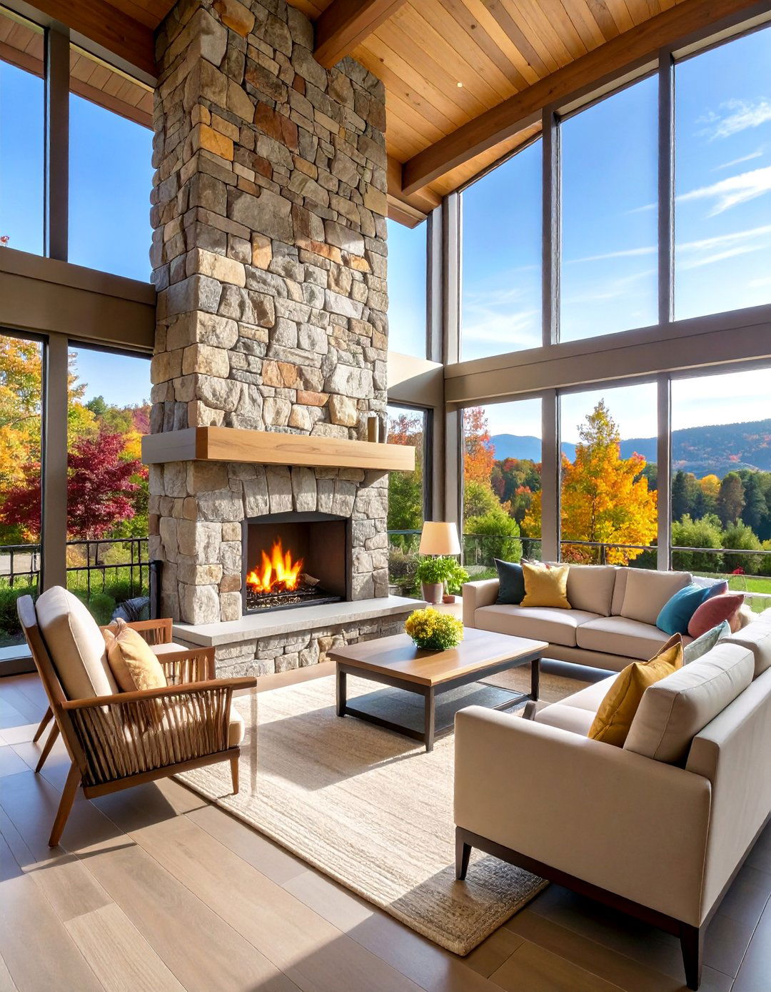 Sunroom Fireplace with Floor to Ceiling Stone - 25 Porch Fireplace Ideas