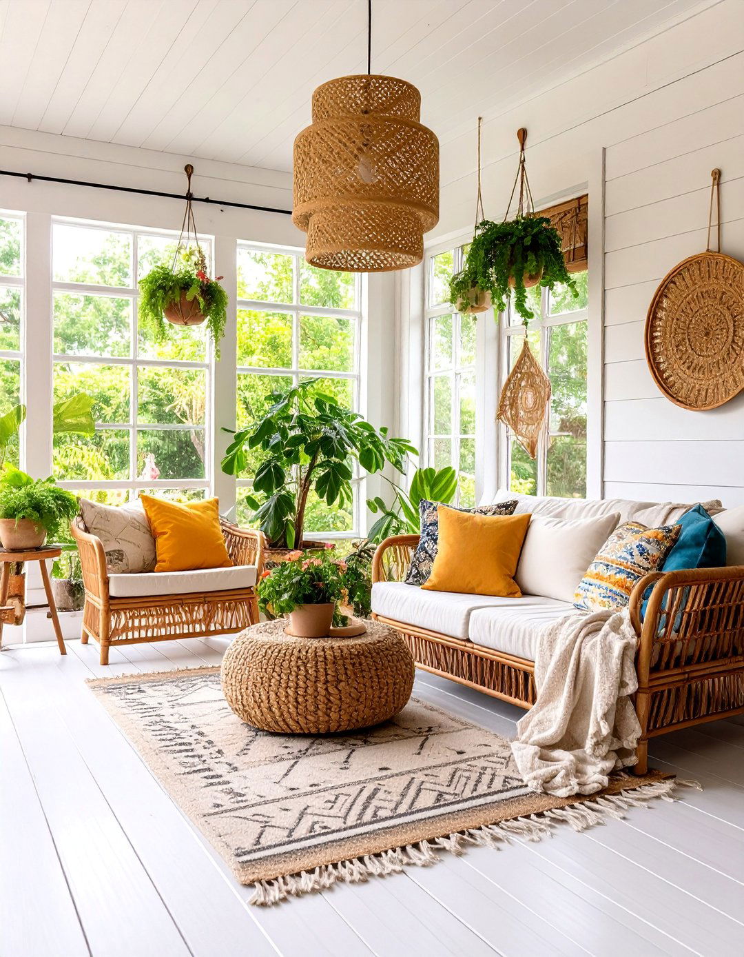 Sunroom with Shiplap and Boho Textiles - 25 Boho Farmhouse Decor Ideas