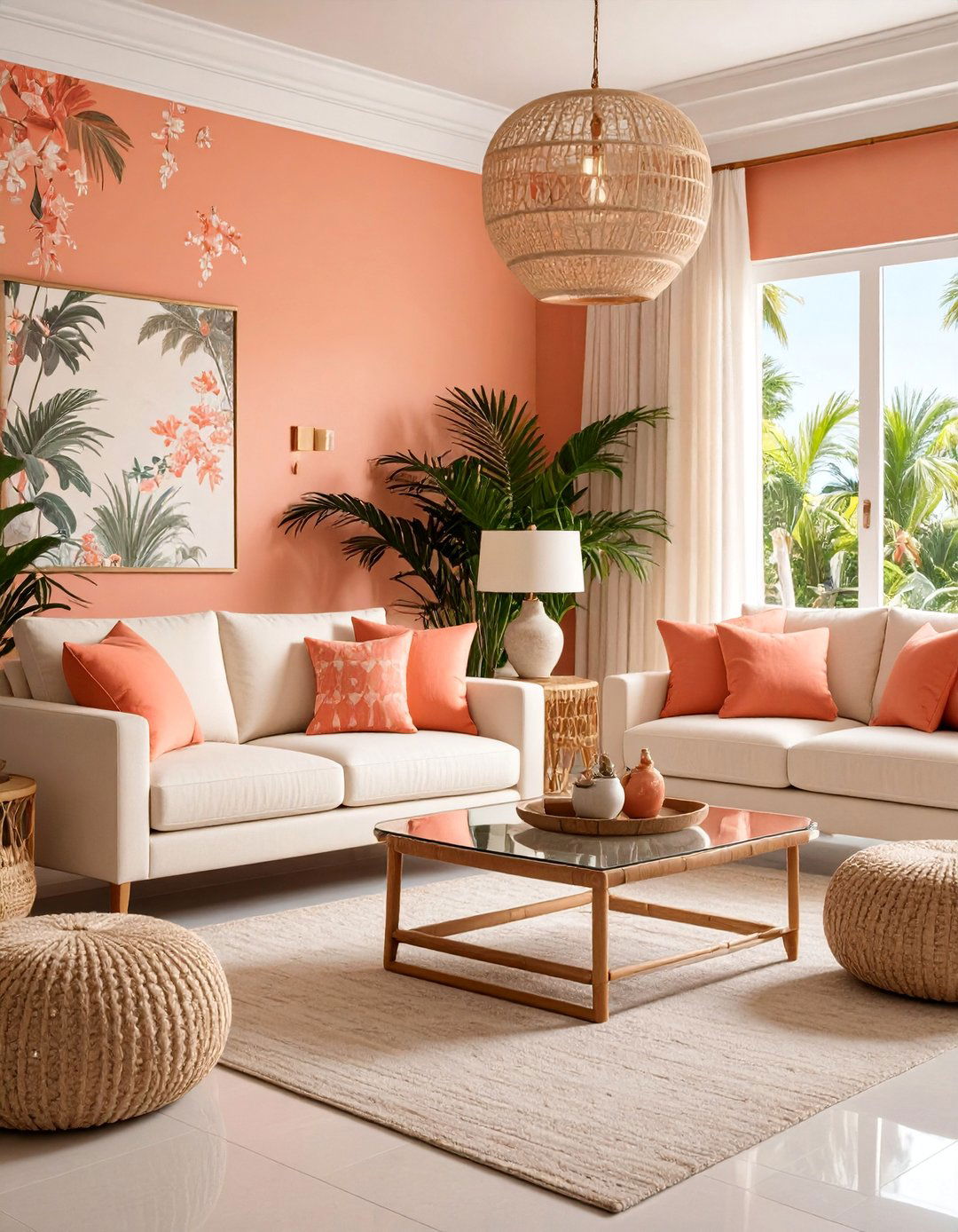 Sunset Coral and Cream Living Room - 25 Chinoiserie Living Room Ideas