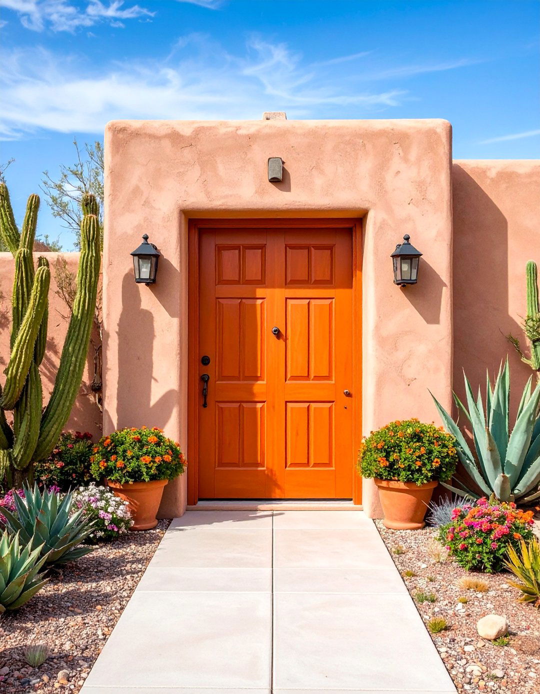 Sunset Orange with Desert Landscaping - 25 Front Door Color Ideas