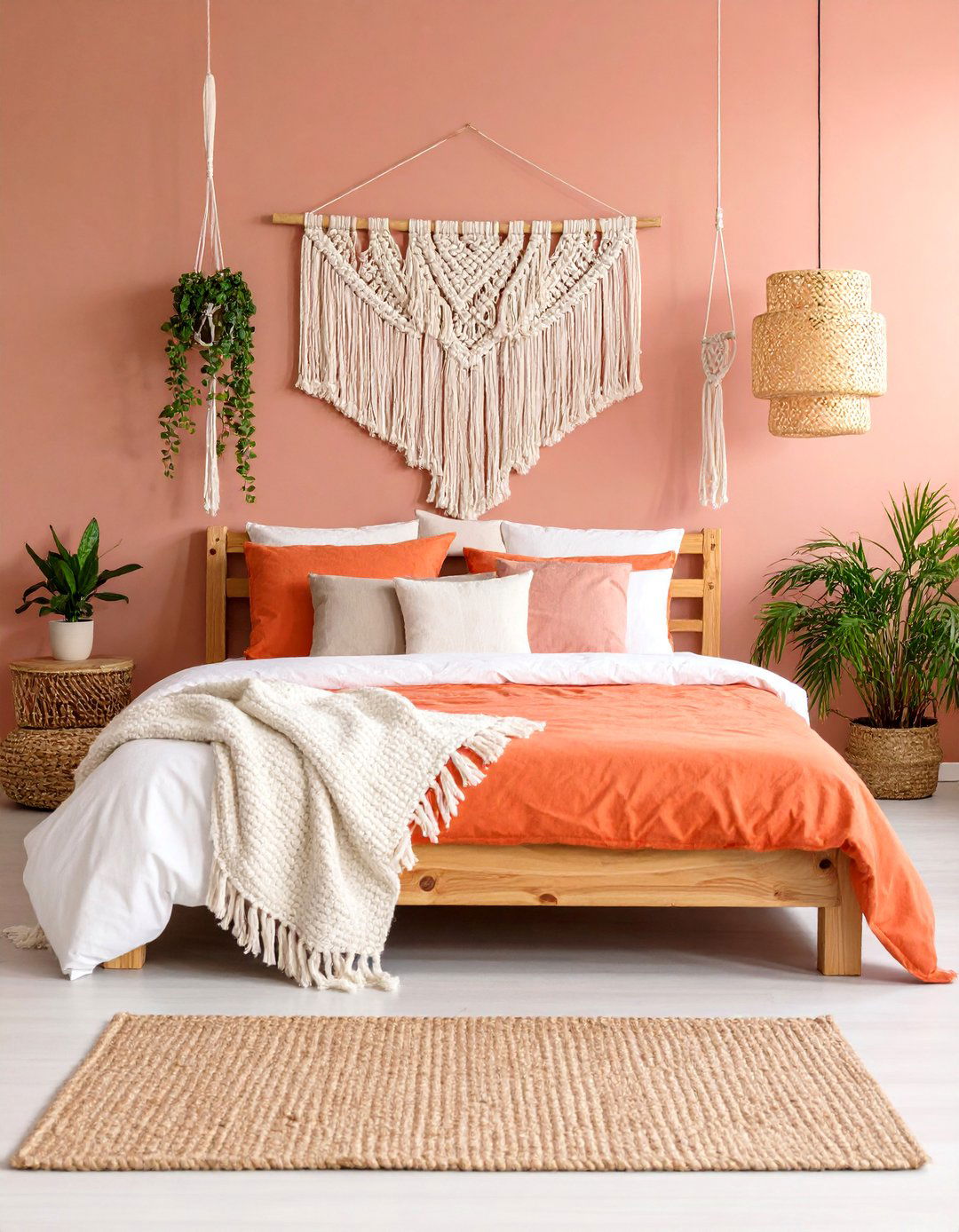 Sunset Pink and Orange Bedroom with Macrame Details - 25 Colorful Boho Bedroom Ideas