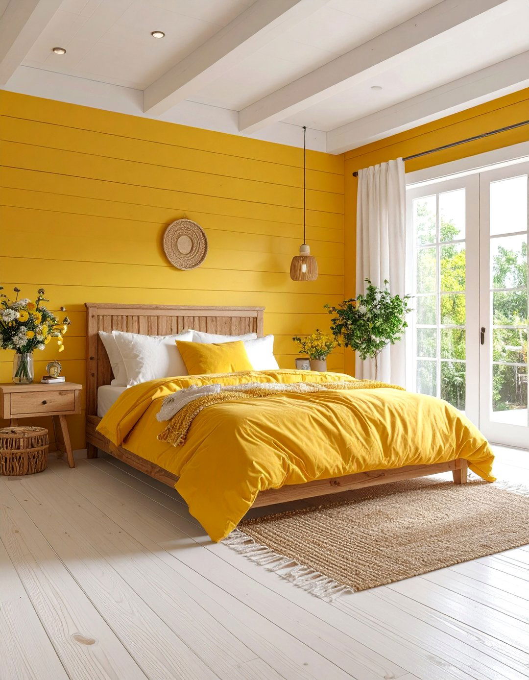 Sunshine Yellow Bedroom with White Shiplap Contrast - 25 Bedroom Accent Wall Ideas