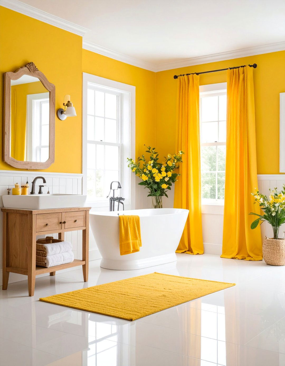 Sunshine Yellow Cheerful Bathroom with White Trim - 25 Colorful Bathroom Ideas