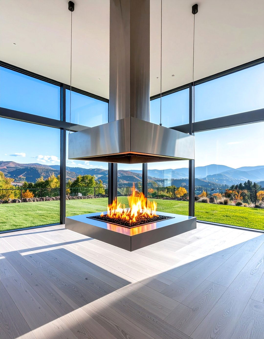Suspended Double Sided Fireplace for Dramatic Impact - 25 Double-sided Fireplace Ideas