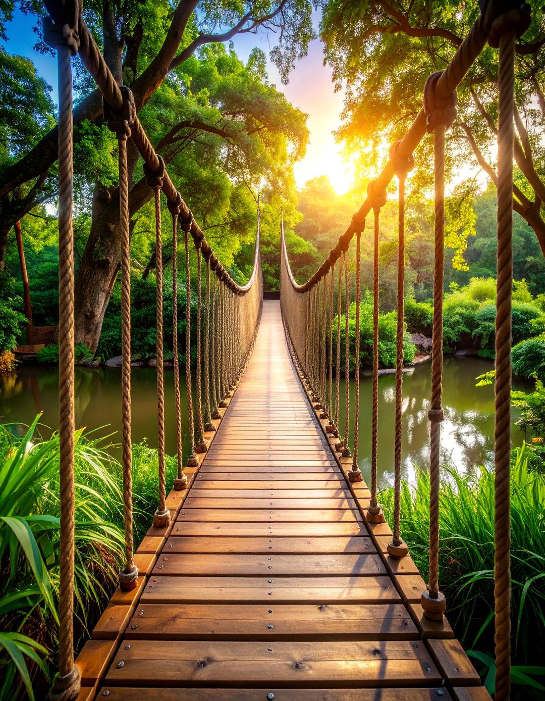 Suspended Rope Bridge with Wooden Planks - 25 Elevated Walkway Ideas