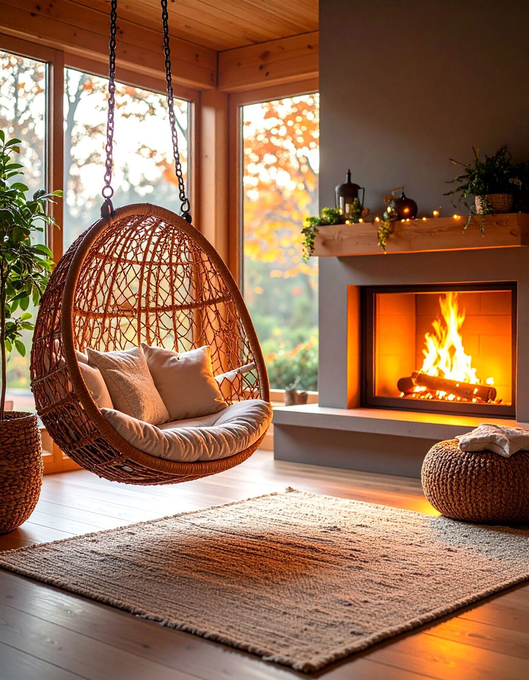 Suspended Swing Fireplace Seating - 25 Fireplace Seating Ideas