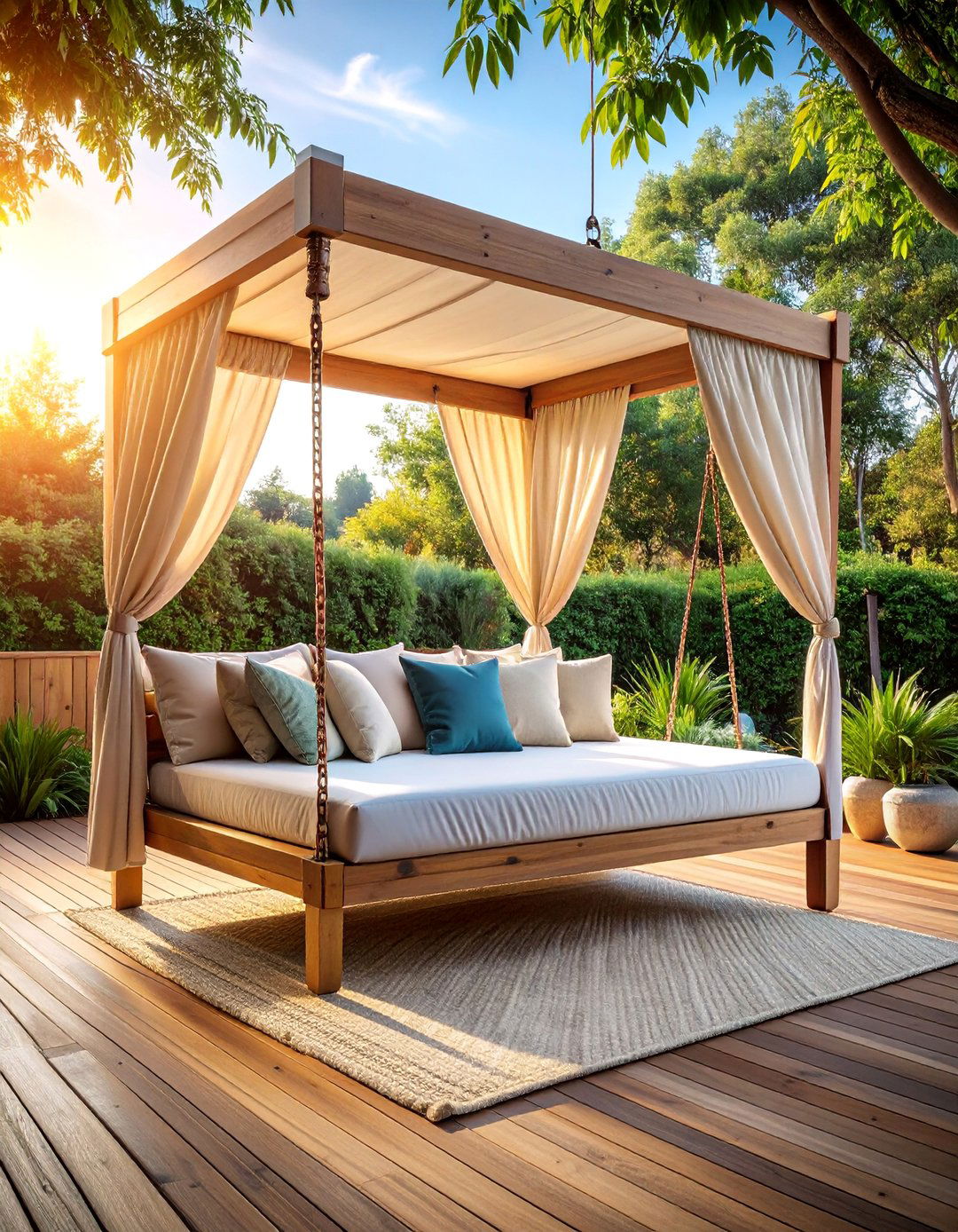 Swing Bed with Canopy Protection - 25 Deck Seating Ideas