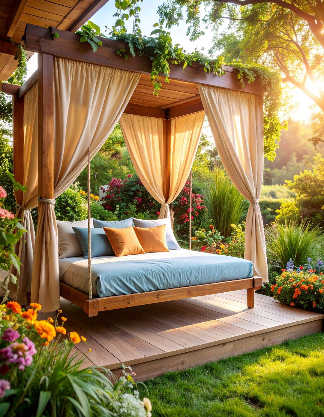 Swing Bed with Curtains and Privacy Panels - 25 Front Porch Swing Ideas