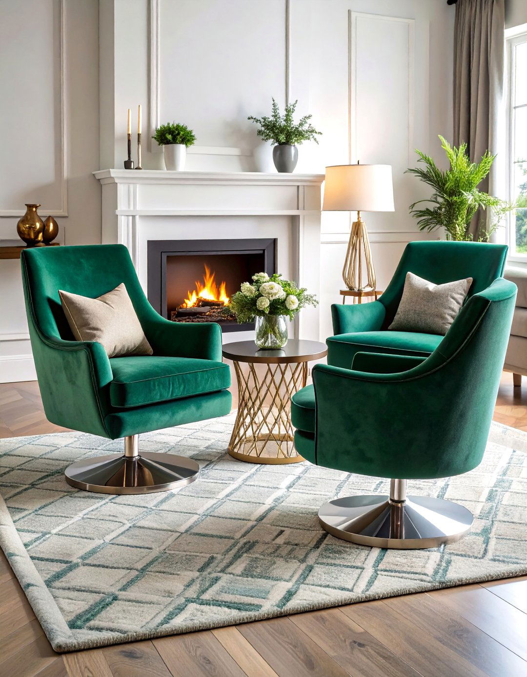 Swivel Accent Chairs in Bold Velvet Upholstery - 25 Chairs in Front of Fireplace Ideas