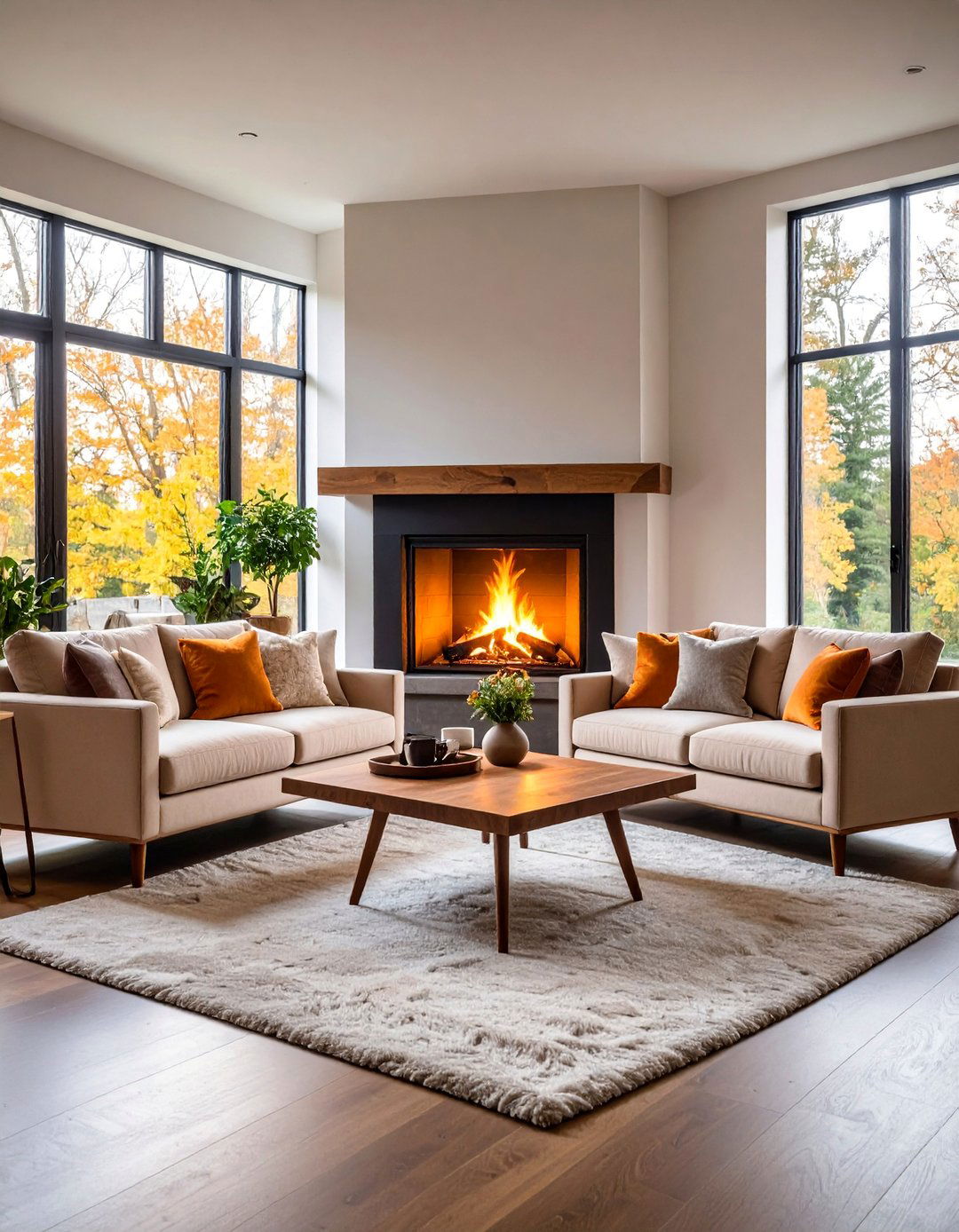 Symmetrical Twin Sofa Fireplace Seating - 25 Fireplace Seating Ideas