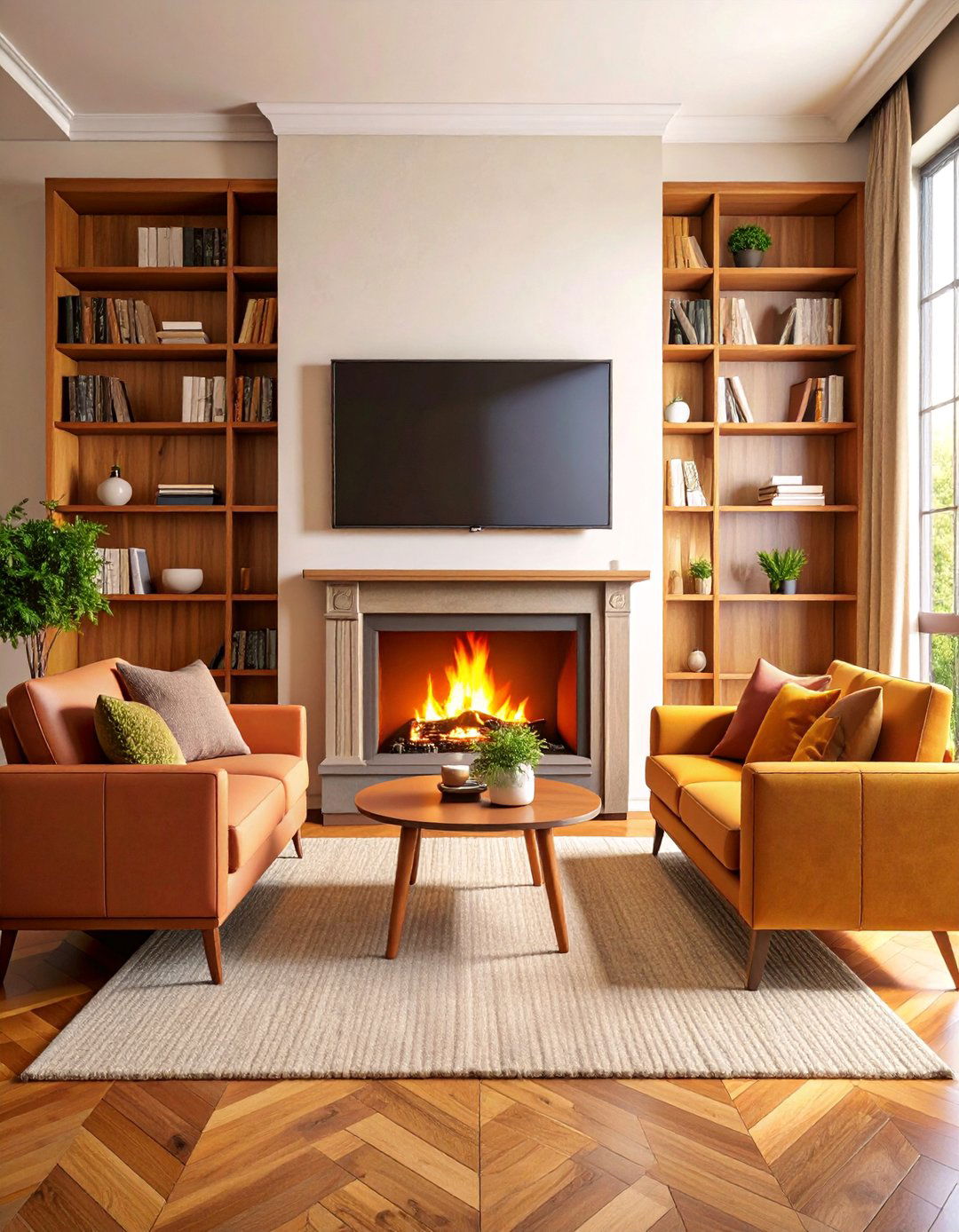 TV Above Fireplace with Symmetrical Design - 25 Small Living Room Ideas With Tv