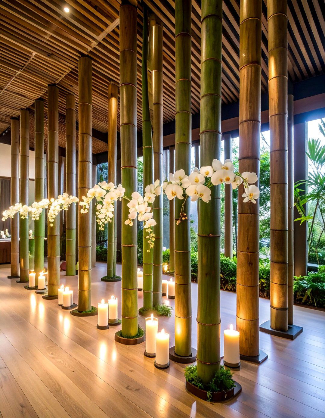 Tall Bamboo Display with Orchid Accents - 25 Tall Wedding Centerpiece Ideas