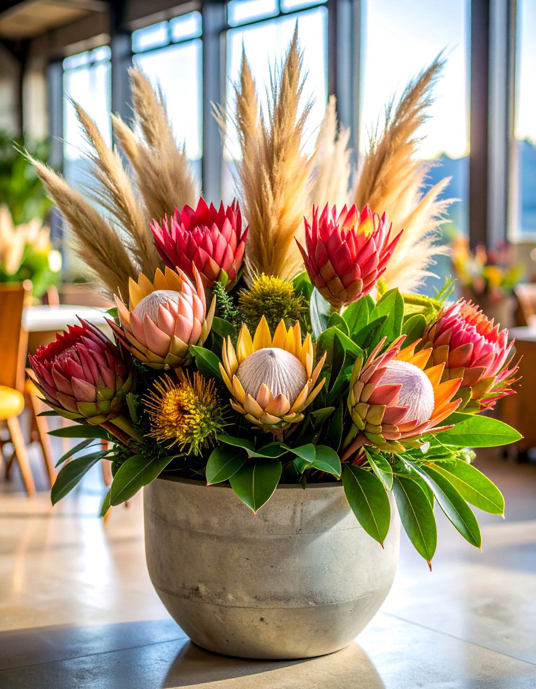 Tall Concrete Planter with Pampas and Protea - 25 Tall Wedding Centerpiece Ideas