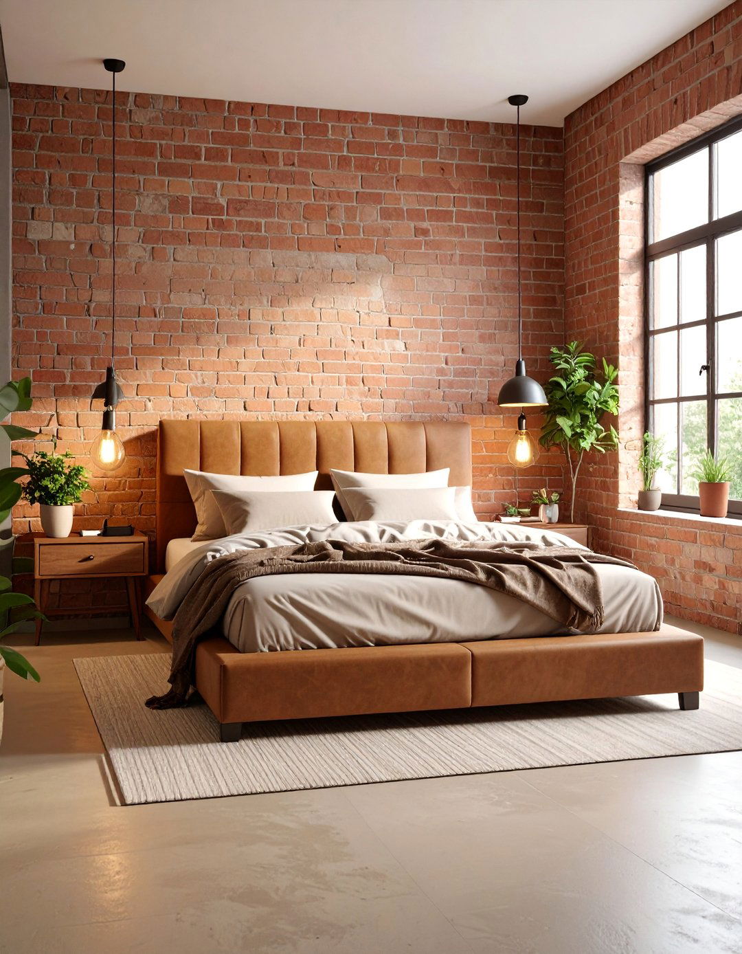Tan Bedroom with Exposed Brick Accent Wall and Urban Elements - 25 Tan Bedroom Ideas