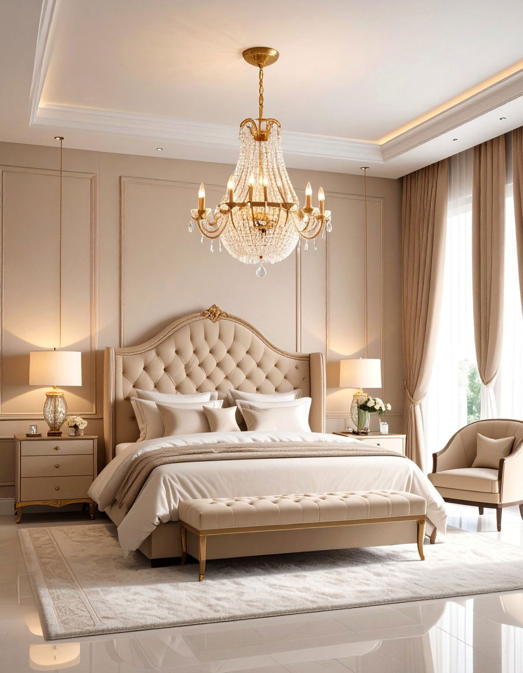 Tan Bedroom with Statement Chandelier and Dramatic Lighting - 25 Tan Bedroom Ideas
