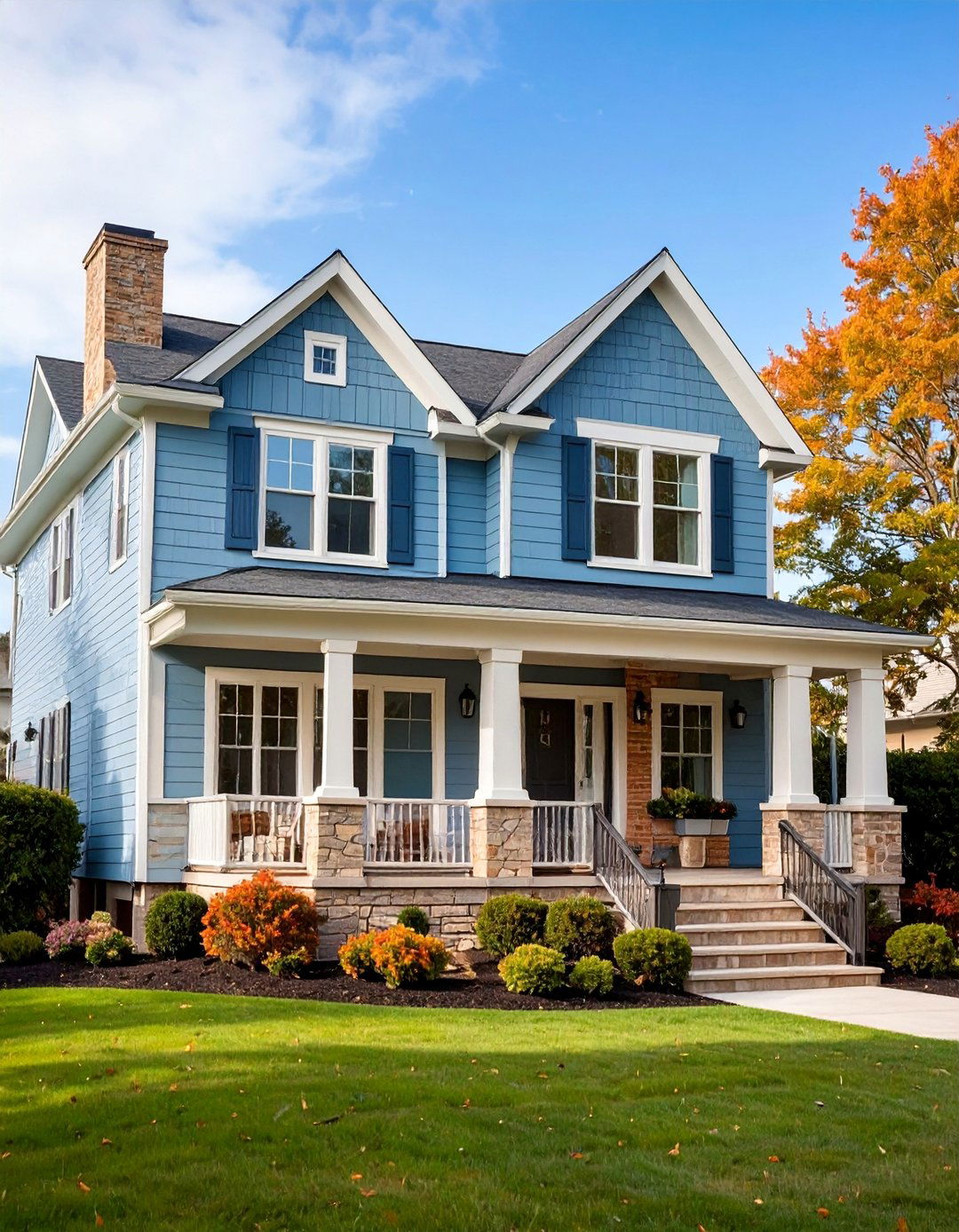 Tan Brick with Soft Blue Gray Siding - 25 Exterior Brick and Paint Color Combinations