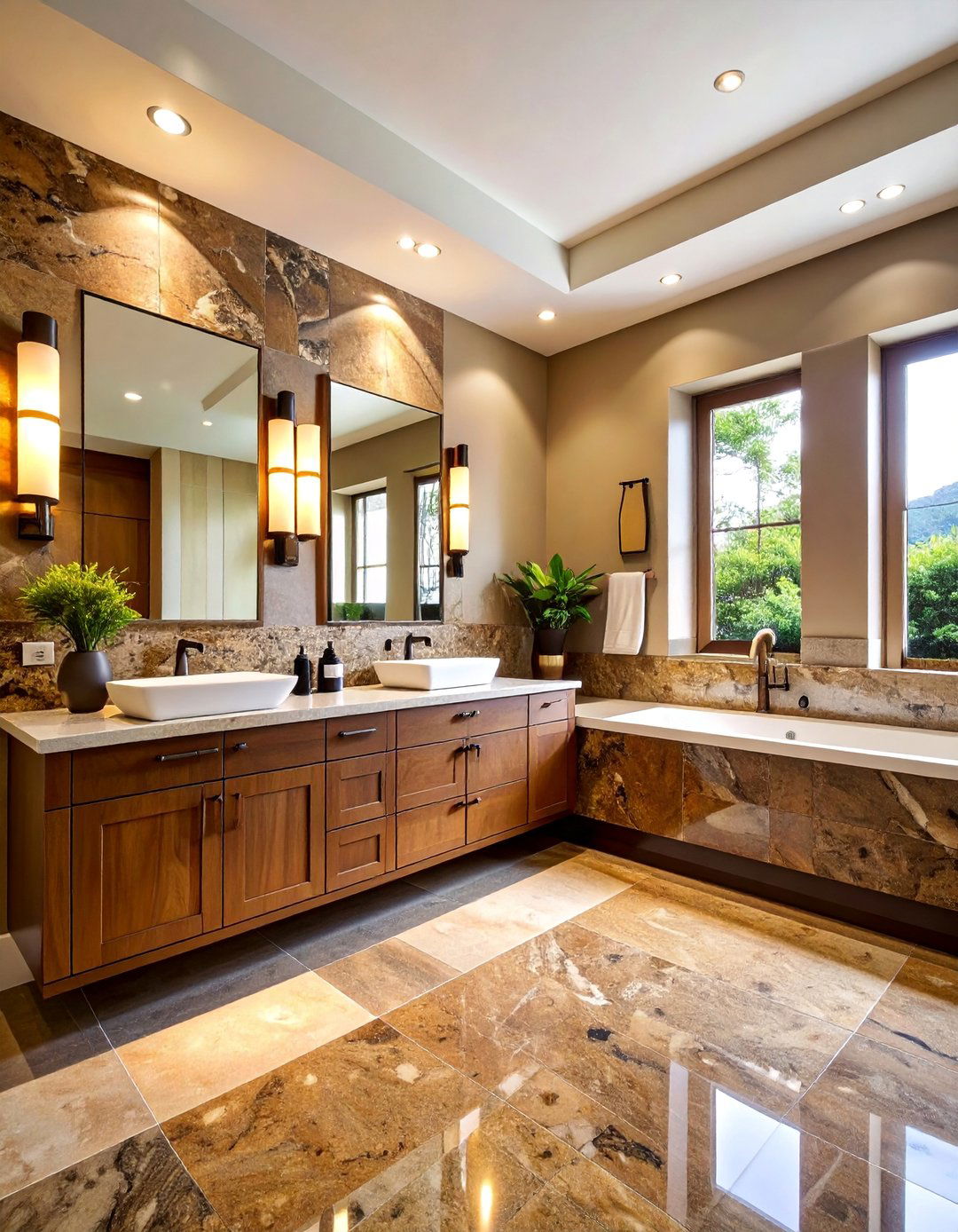 Tan Brown Granite Powder Room with Statement Wall - 25 Brown Granite Bathroom Ideas