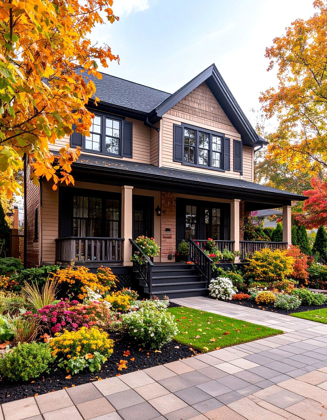 Tan Cottage with Black Painted Brick Foundation - 25 Tan House With Black Trim Design Ideas