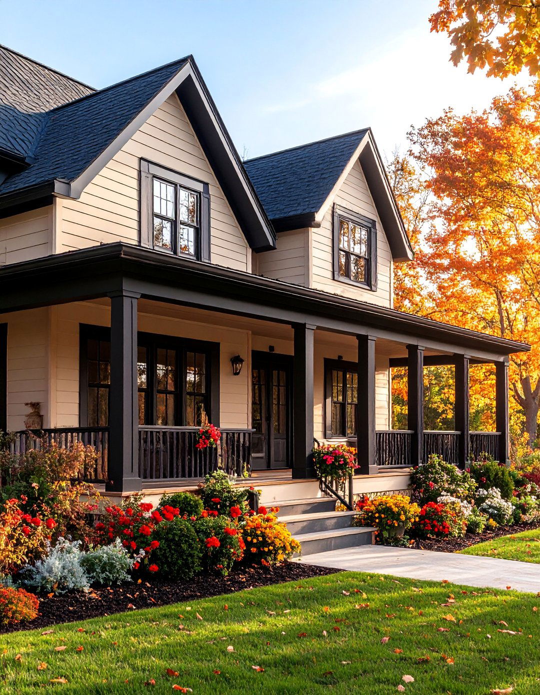 Tan Farmhouse with Black Wraparound Porch Details - 25 Tan House With Black Trim Design Ideas