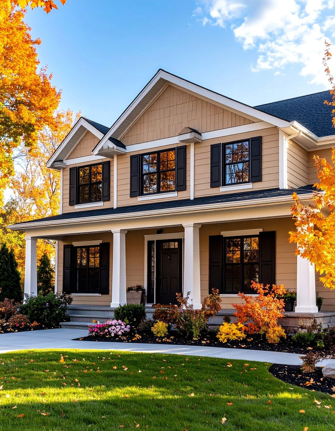 Tan Fiber Cement Siding with Black Shutters and Trim - 25 Tan House With Black Trim Design Ideas