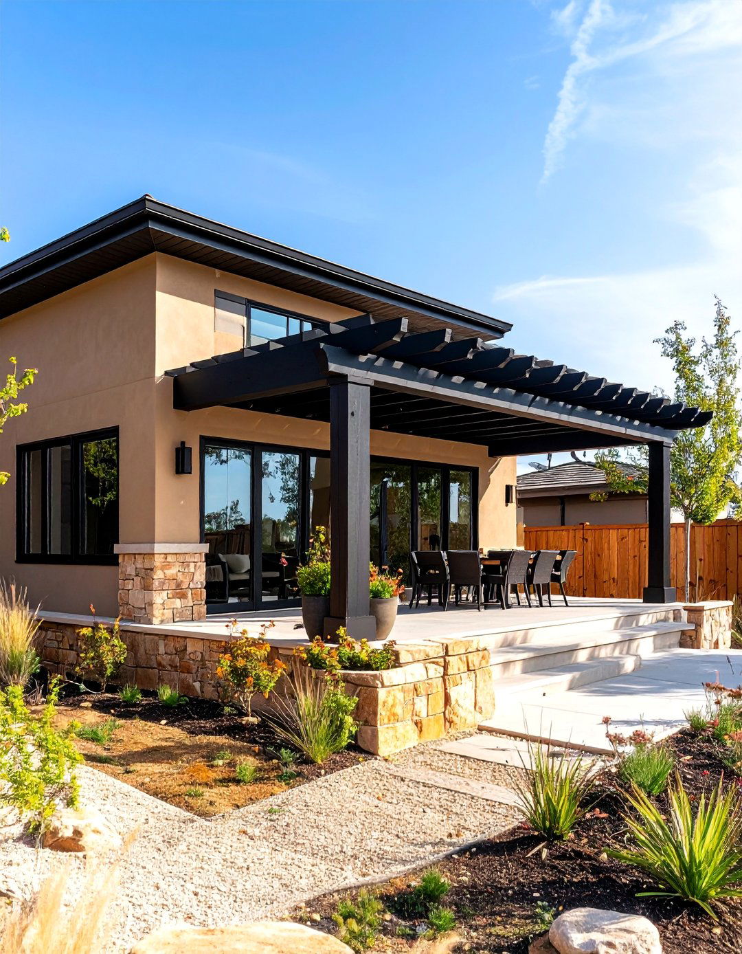 Tan House with Black Pergola and Outdoor Living Features - 25 Tan House With Black Trim Design Ideas