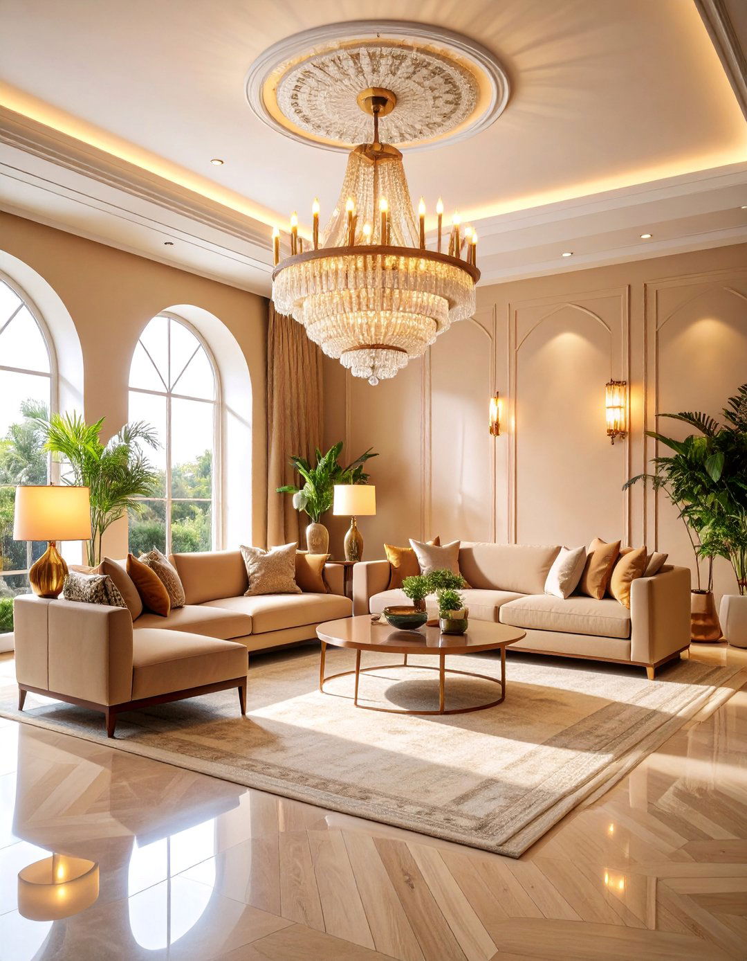 Tan Living Room with Dramatic Lighting - 25 Tan Living Room Ideas