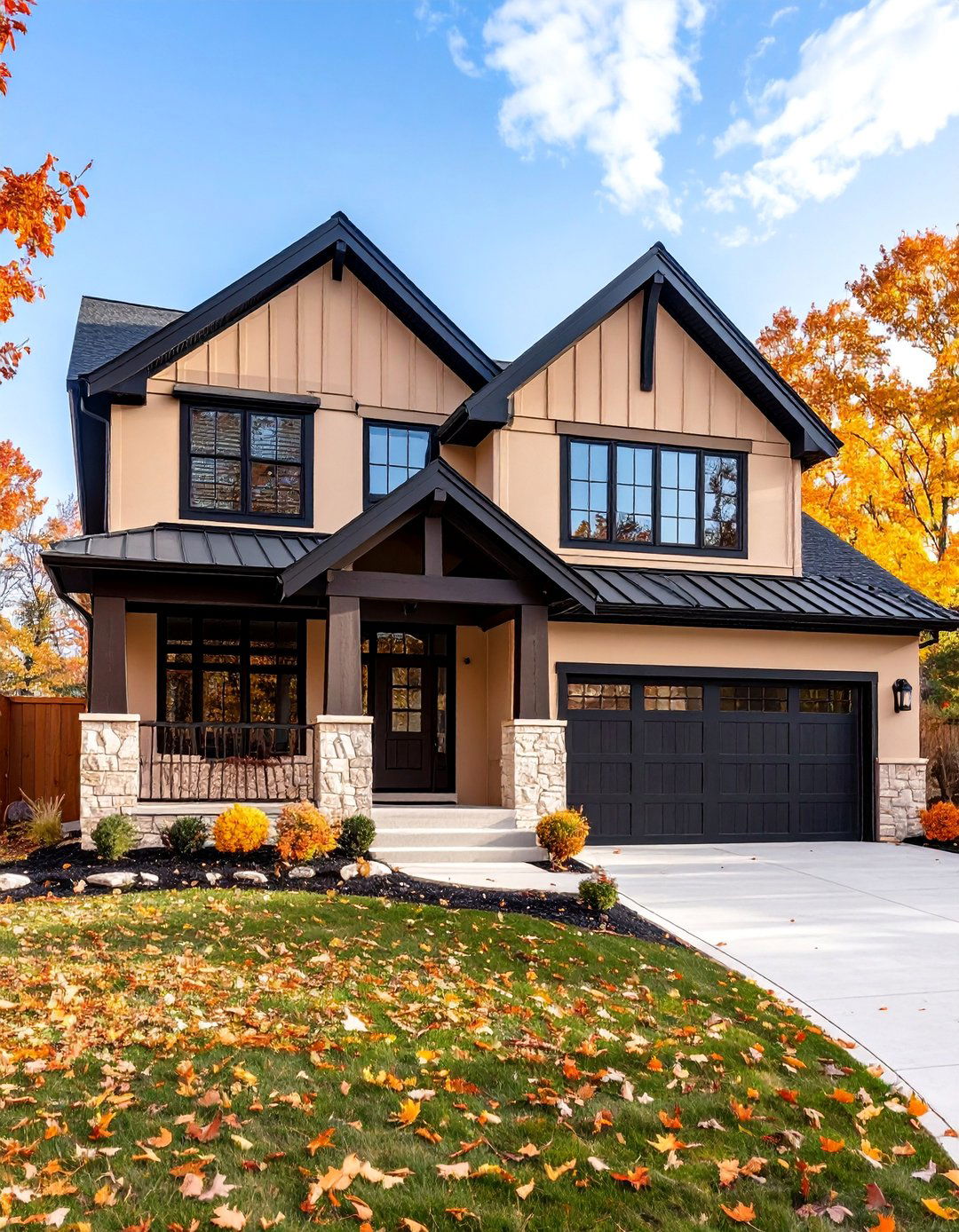 Tan Ranch House with Black Garage Doors and Accents - 25 Tan House With Black Trim Design Ideas