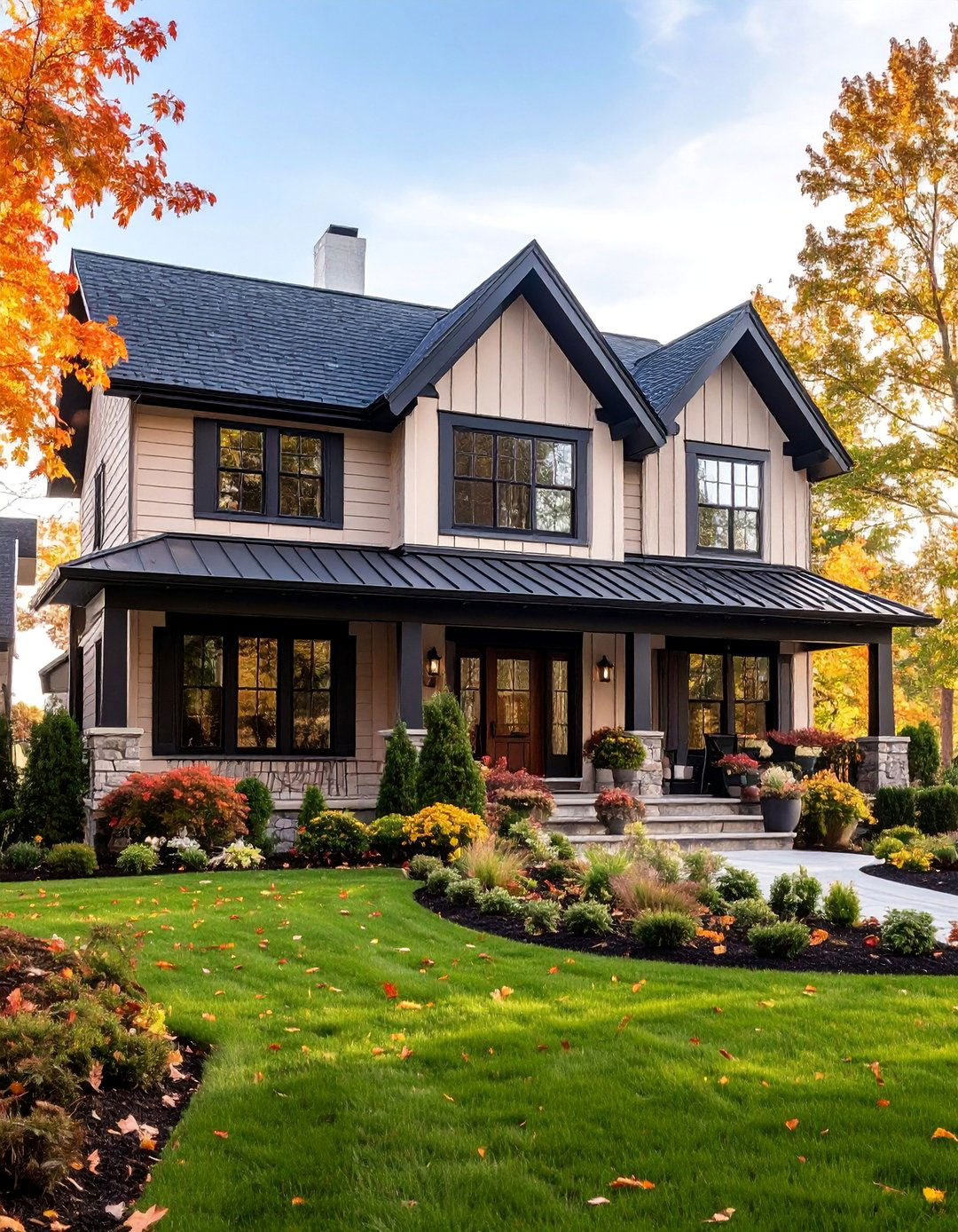 Tan Shiplap Siding with Black Board and Batten Accents - 25 Tan House With Black Trim Design Ideas