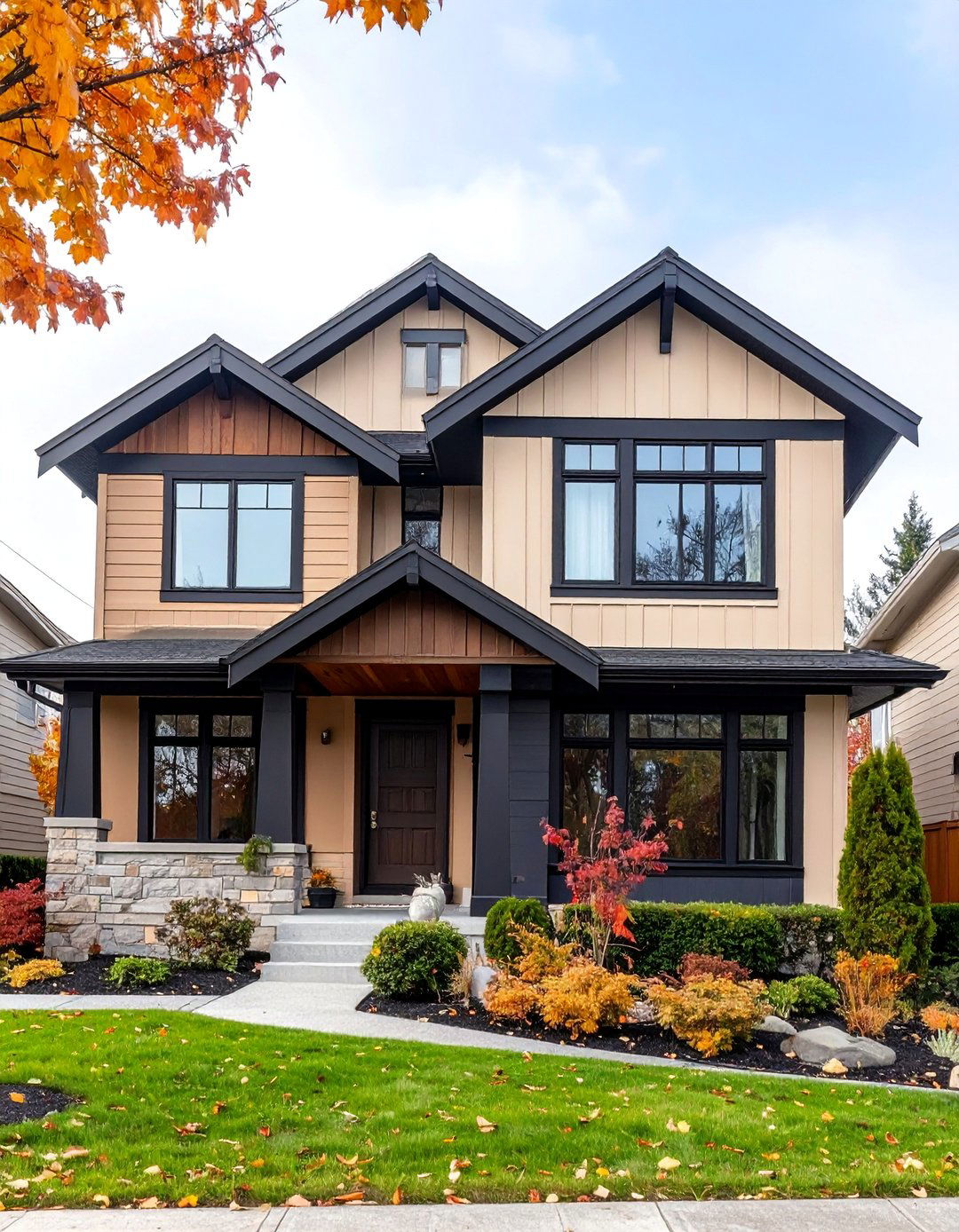 Tan Split Level House with Black Accent Walls - 25 Tan House With Black Trim Design Ideas