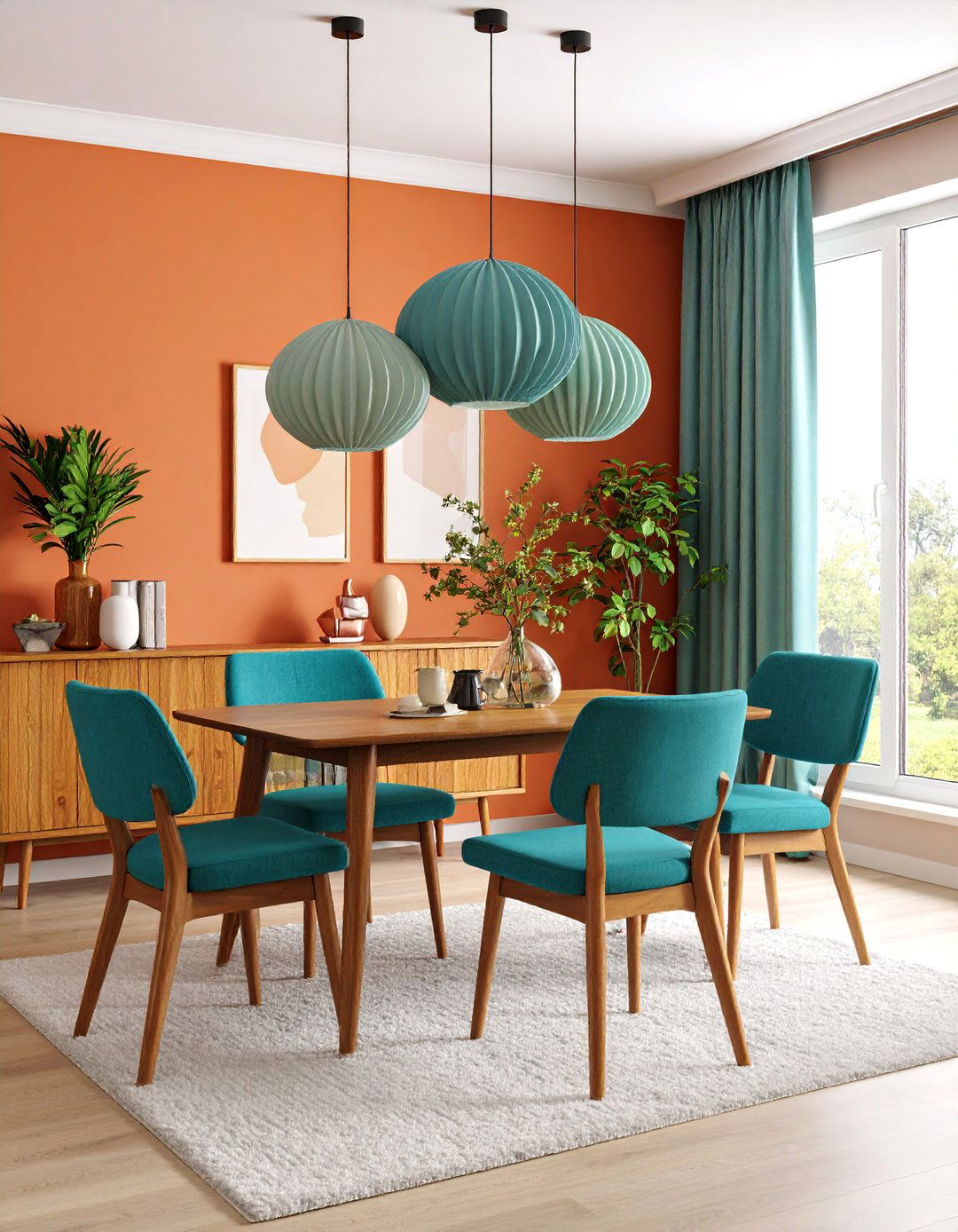Tangerine and Teal Retro Mid Century - 25 Colorful Dining Room Ideas