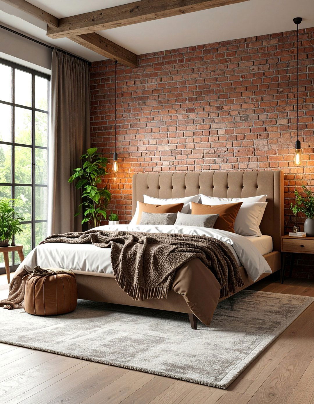 Taupe Bedroom with Exposed Brick Accent Wall - 25 Taupe Bedroom Ideas