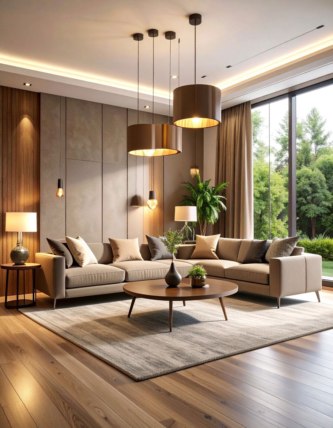 Taupe Living Room with Statement Lighting Features - 25 Taupe Living Room Ideas