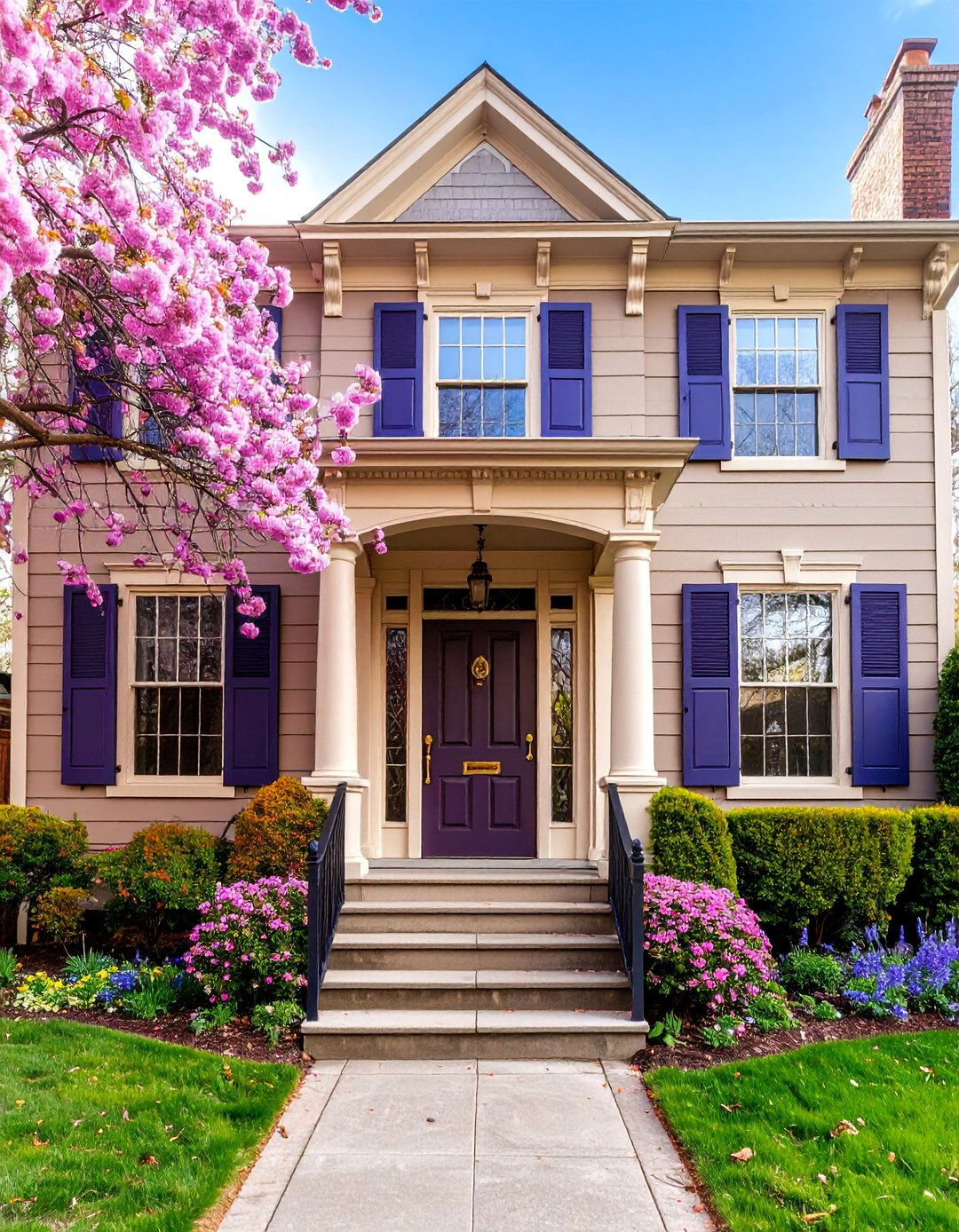 Taupe with Deep Purple Drama - 25 Exterior Taupe House Color Combinations