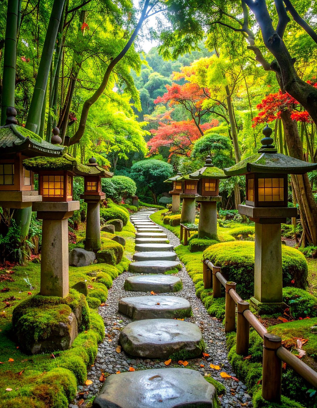 Tea Garden Pathway with Stepping Stones and Lanterns - 25 Japanese Garden Ideas