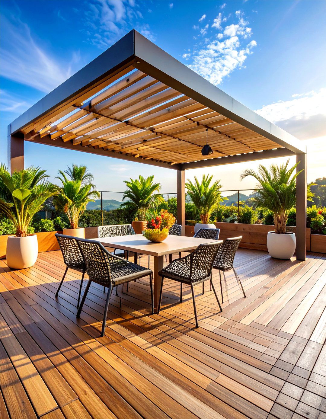 Teak Deck Patio with Wire Mesh Furniture - 25 Mid-century Modern Patio Ideas