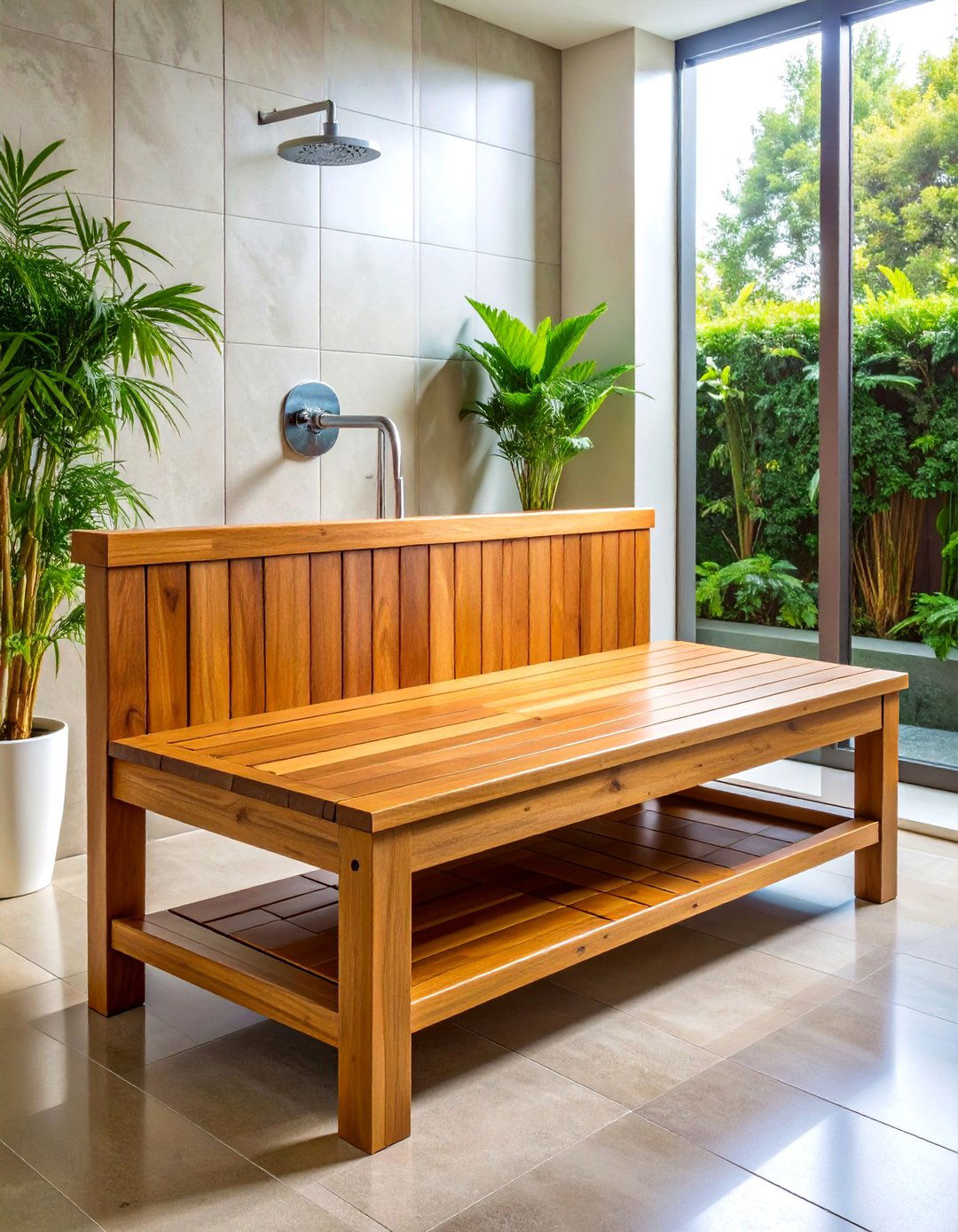 Teak Shower Bench with Spa Aesthetic - 25 Bathroom Furniture Ideas